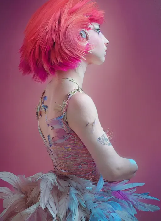 Image similar to beautiful little girl with an pink eccentric haircut wearing an dress made of feathers dancing on stage, artwork made by ilya kuvshinov, inspired in donato giancola, hd, ultra realistic, reflection, flowers, light, realistic face, bird tattoo, trending on pixiv, 8 k, ray tracing, glorious