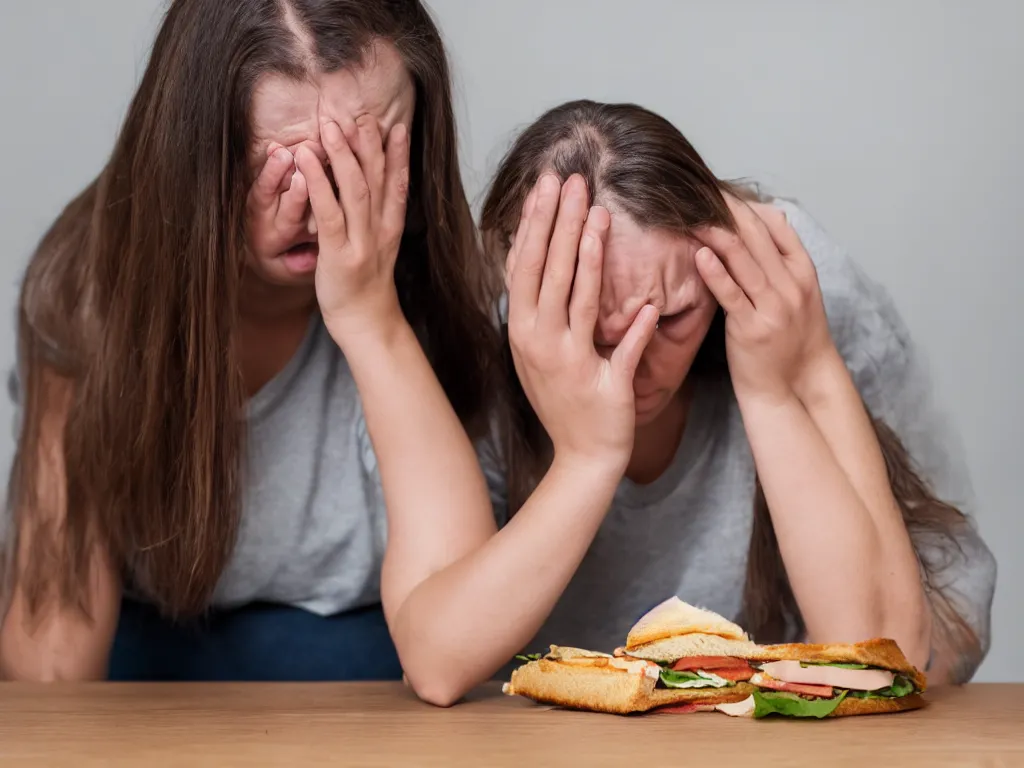 Image similar to woman very upset that she dropped her sandwich on the floor and starts bawling and crying, High Definition detail, 8K, photography