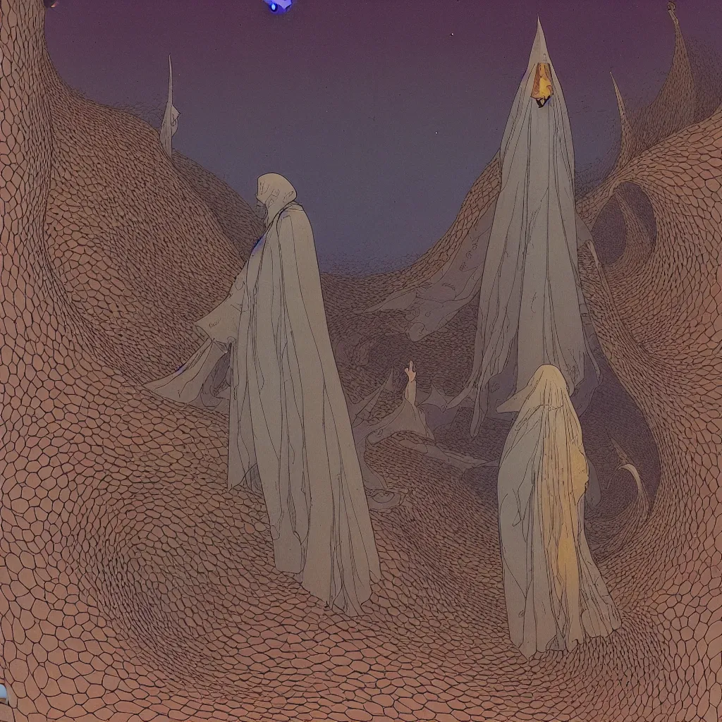 Prompt: centered illustration by jean giraud and moebius of a man wearing a cloak in the abyss, ambient with birds, desert, intrincate, detailed, awesome enviromet, fantasy