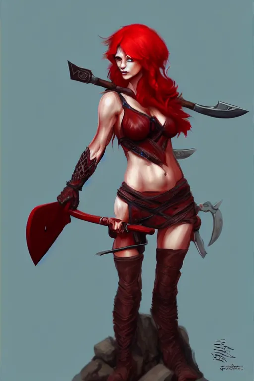 Image similar to a woman with red hair holding two large axes, concept art by senior character artist, true anatomy, artstation contest winner, fantasy art, concept art, artstation hd, 2 d game art