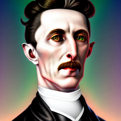 Prompt: nicolas tesla with thunderbolts around him and glowing white eyes, photorealistic, 4 k, ultra detailed