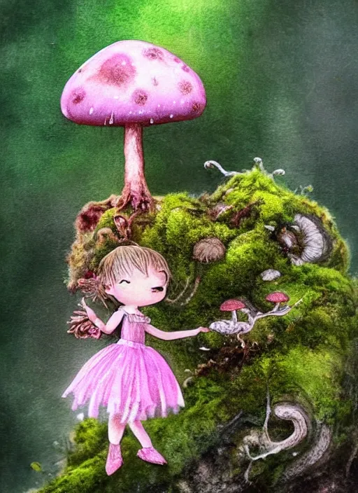 Prompt: A tiny female tree sprite with a tattered pink tutu, mushroom umbrella, moss, dewdrops, watercolor, dramatic lighting, cinematic, establishing shot, extremely high detail, foto realistic, cinematic lighting, pen and ink, intricate line drawings, by Yoshitaka Amano, Ruan Jia, Kentaro Miura, Artgerm, post processed, concept art, artstation, matte painting, style by eddie mendoza, raphael lacoste, alex ross,