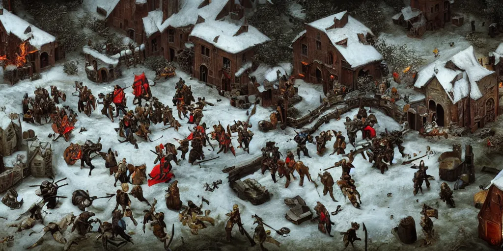 Prompt: RTS gameplay third person in style of Brueghel paintings, painting, Stronghold strategy gameplay, high detailed,dark fantasy, dark tones, medieval, snow, buildings, castle, armored units, red flags, cavalry,RPG, high detailed, contrast, octane render,mill, farm, creative