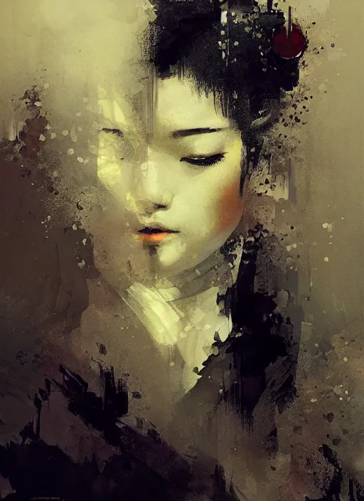 Image similar to female geisha girl, beautiful face, rule of thirds, intricate outfit, spotlight, by greg rutkowski, by jeremy mann