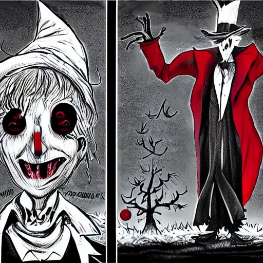 Image similar to a Pop Wonder scary horror themed goofy-hilarious-character Jack-Frost-Babadook-scarecrow-madhatter-williewonka-wearing a scarf with RED-Eyes, 3-piece-suit, dime-store-comic drawn with charcoal and pen and ink, half-tone-line-stacking