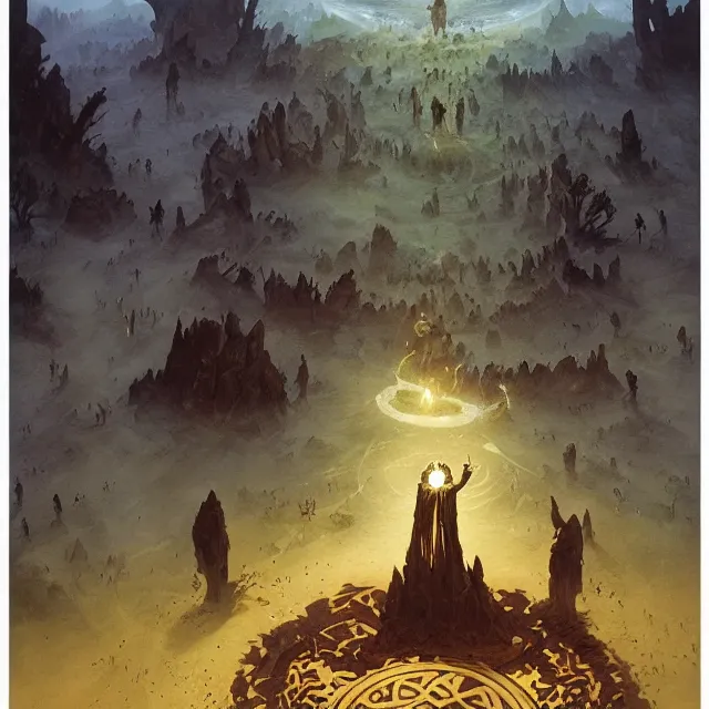 Image similar to a druid standing in a circle at the beginning of the world by greg rutkowski and frank frazetta and peter mohrbacher and william blake and dan mumford