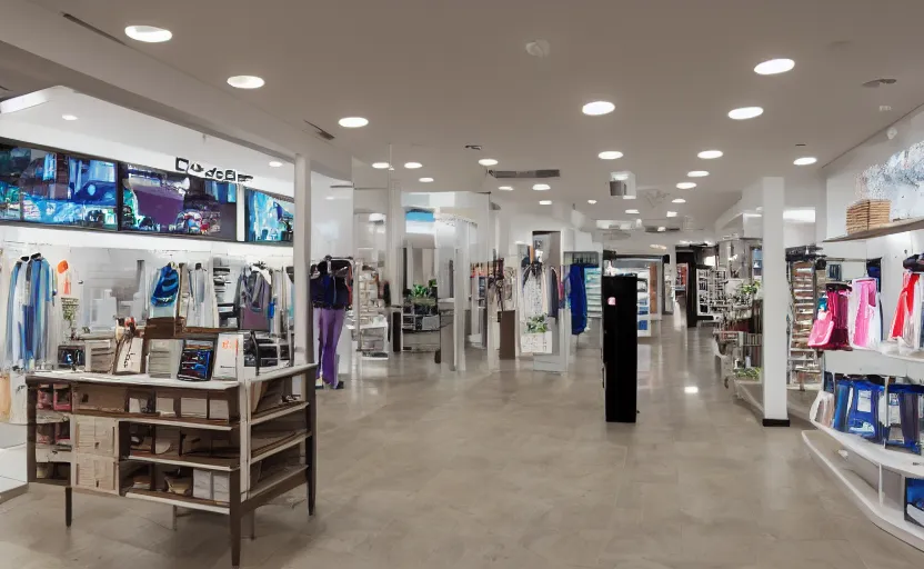 Image similar to retail interior design for a telecom, clean minimalistic canon ts - e 2 4 mm f / 3. 5 l ii ultra - wide tilt - shift lens