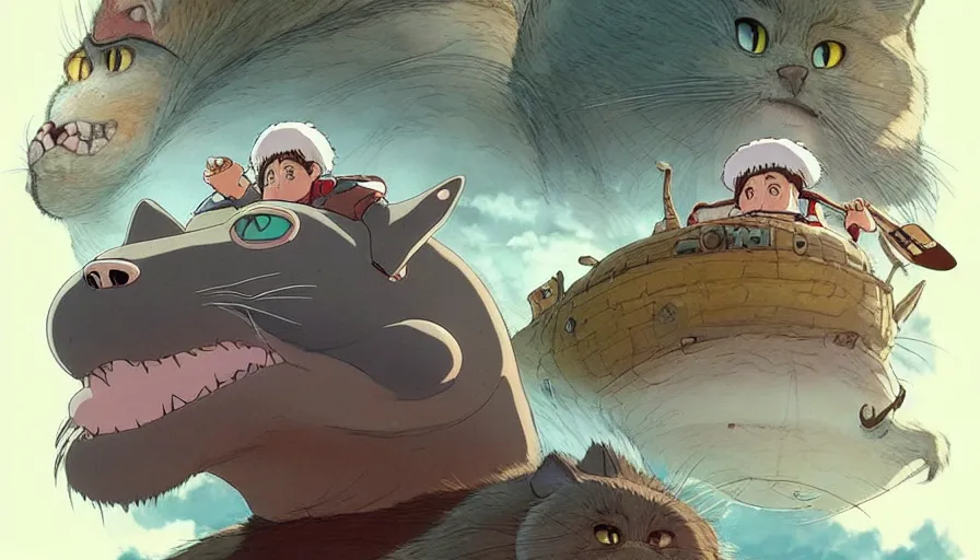 Image similar to the last fat catrider, comedy, graphic art, rgba, 8 k hd resolution, pinterest, dynamic character, 8 k character details, concept art, 8 k ultra realistic, intricate details, ultra detailed, reduce character duplication, in style of hayao miyazaki, by studio ghibli