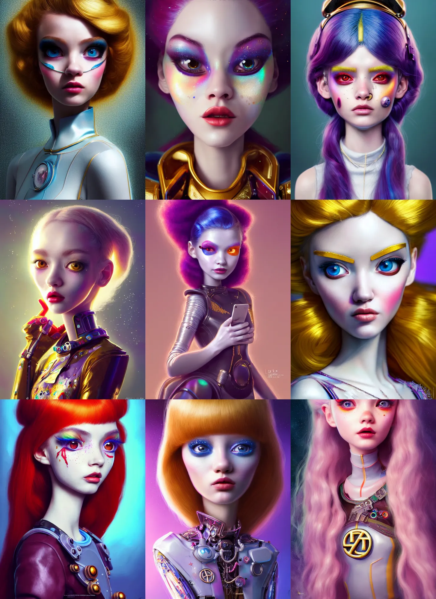 Prompt: pixar portrait 8 k photo, beautiful shiny white porcelain rich galactic gucci clowncore russian cyborg college girl, golden ratio details, sci - fi, fantasy, cyberpunk, intricate, decadent, highly detailed, digital painting, ever after high, octane render, artstation, concept art, smooth, sharp focus, illustration, art by artgerm, loish, wlop