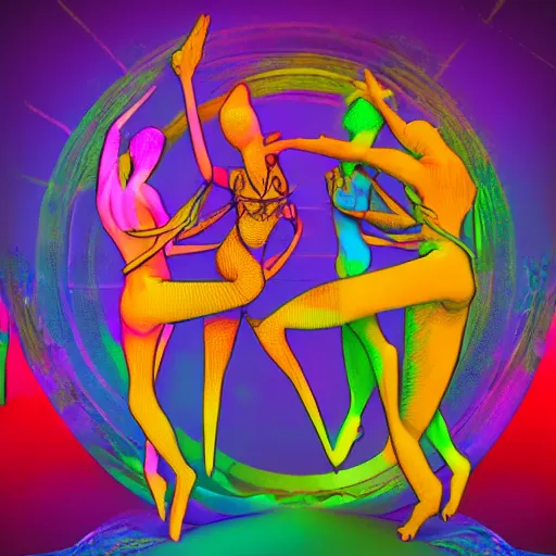 Image similar to tantric trio dancing in a trip, two men and a girl, psychodelic art, trending on artstation, artstationHD