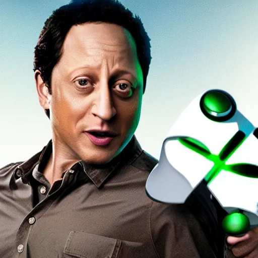 Prompt: movie still of rob schneider as an xbox, directed by michael bay