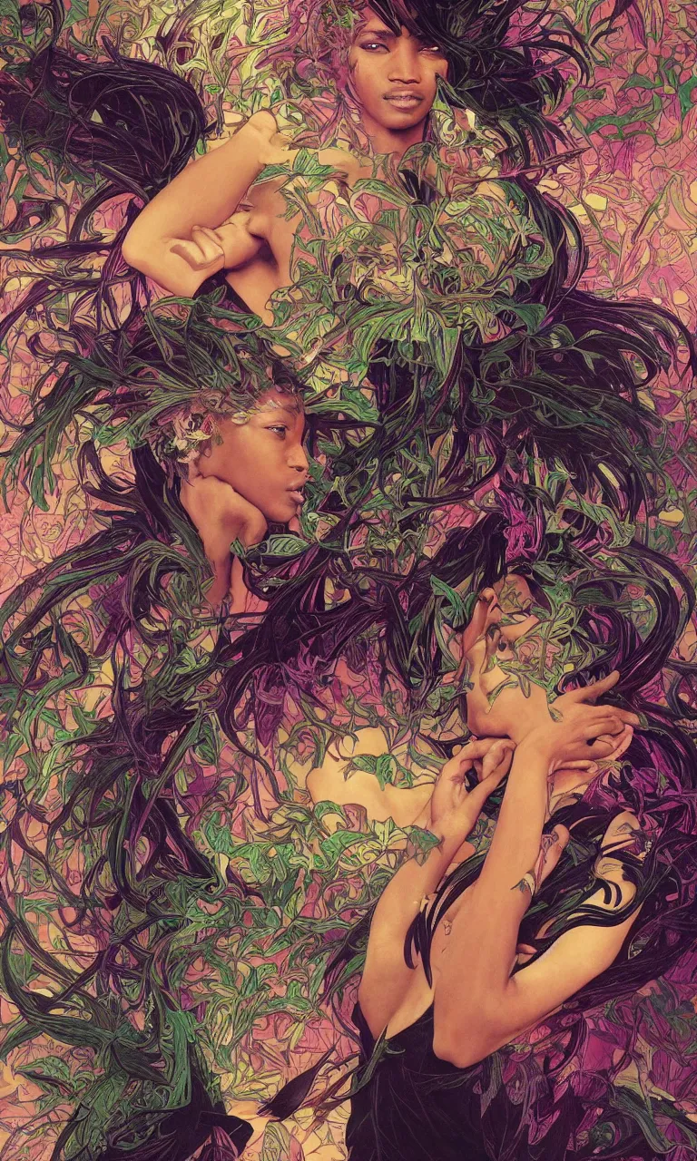 Image similar to A black woman having a reality bending psychedelic experience, colorful, distorted, surreal, tropical leaves and feathers, dramatic lighting on the face, intricate, elegant, highly detailed, digital painting, concept art, smooth, sharp focus, illustration, art by Krenz Cushart and Wayne Barlowe and alphonse mucha