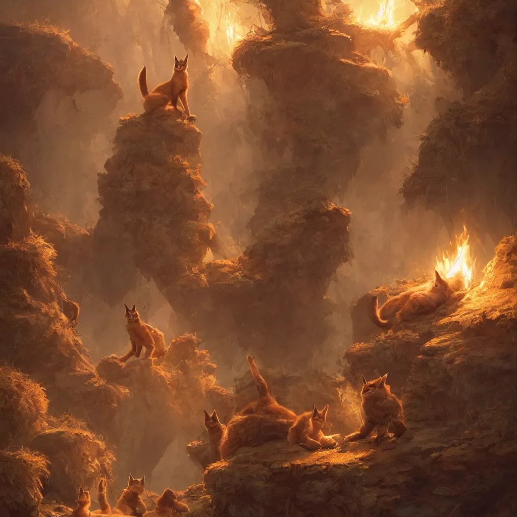 Image similar to many cute fluffy caracals, fire, magic, fantasy epic legends stylized digital illustration radiating a glowing aura global illumination ray tracing hdr fanart arstation, 8 k, art by greg rutkowski