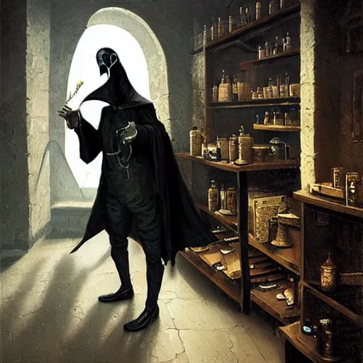 Image similar to plague doctor working in medieval apothecary, beak, gloves, magical alchemy laboratory, oil painting, by Greg Rutkowski