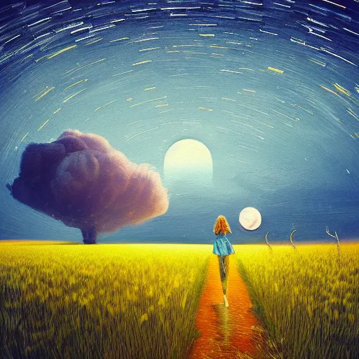 Image similar to giant daisy flower as a head, girl walking in wheat field, hills, surreal photography, moon light, dark night, star trails, dramatic light, impressionist painting, clouds, digital painting, artstation, simon stalenhag