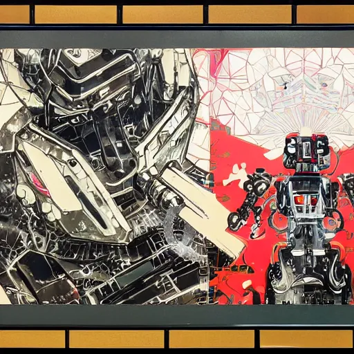 Image similar to a fullmetal wired neon robot crosses the tori gates between reality and simulation, hanafuda oil on canvas by ivan shishkin, james jean and yoji shinkawa