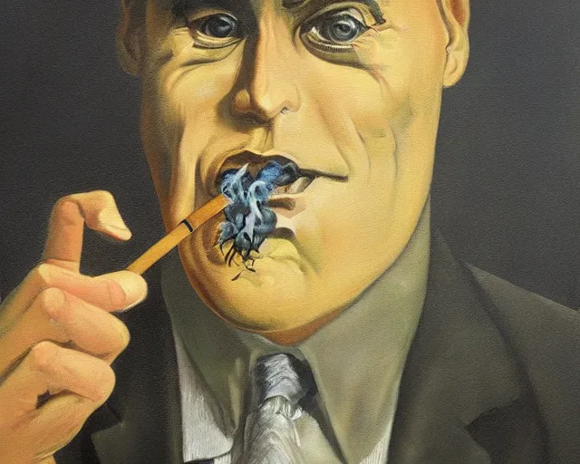 Image similar to a surreal painting of man smoking a joint