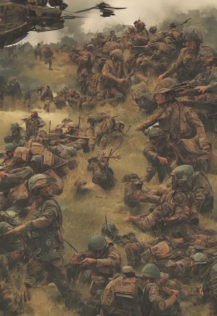 Prompt: handmade illustration of an epic Vietnam War scene, ballpoint, line art, heavy brushstrokes, oil on canvas by Kilian Eng and by Jake Parker, winning-award masterpiece, award-winning art, octane render, 8K HD Resolution, High quality image