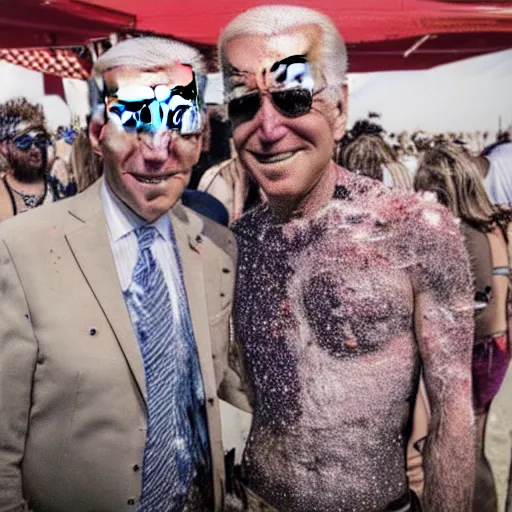 Image similar to a highly very very detailed photo of Joe Biden with ((plasma eyes)) attending Burning Man on the Playa with an Anarcho-primitivist Donald Trump survivalist covered in body glitter, very very detailed, photorealism, Photoshop, very coherent, HD