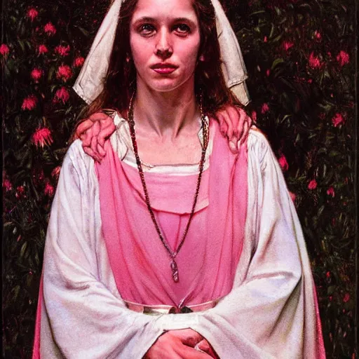 Image similar to a frontal portrait of a young priestess, dressed in white and pink, ( so happy, her face hurts ), by donato giancola and norman rockwell.