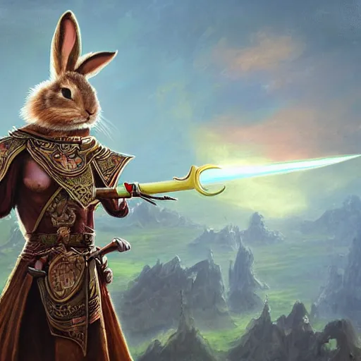 Image similar to bunny with helmet and sword, fantasy art, matte painting