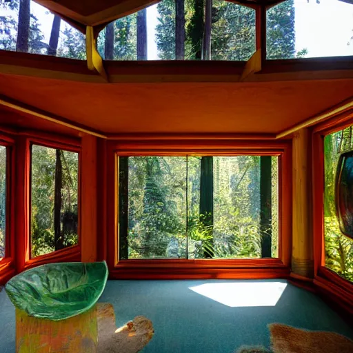 Image similar to interior of a Psychedelic Solarpunk frank lloyd wright house in the redwoods on a sunny day