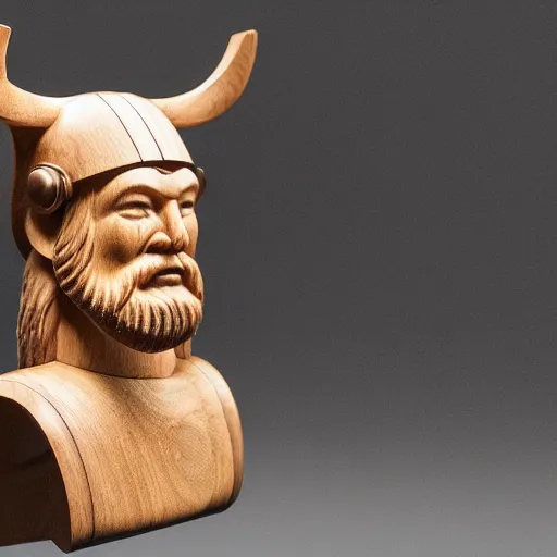 Image similar to wooden sculpture of a viking wearing a vr headset, polished maple, thoughtful, elegant, real