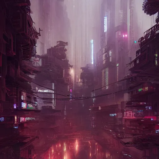 Prompt: Futuristic apocalyptic cyberpunk city by Schen Teng, asymmetrical, realistic painting, dark vibes, nightmare, geometric shapes, hard edges, china town, synth wave, trending on the artstation:2 by Greg Rutkowski:4