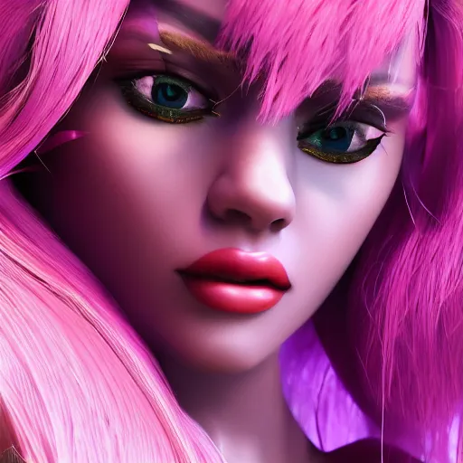 Image similar to still of pretty KDA More Lux (wild rift) close up in music video. 3d render, octane render, game art, realistic, highly detailed, trending on artstation, 4k, trending on artstation, pixar, cgsociety, unreal engine 5, redshift render, trending on artstation, blender, behance, cg