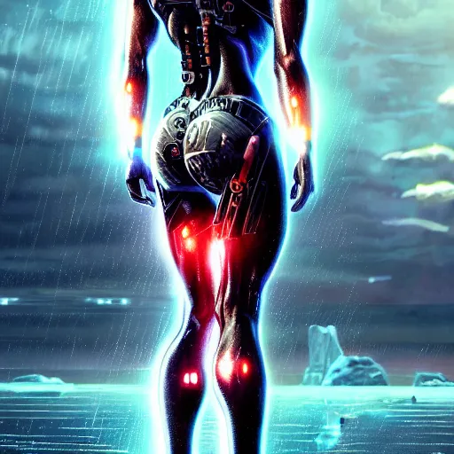 Prompt: dwayne johnson as a beautiful cyborg - angel girl standing on a lake, rainfall, biomechanical details, digital cyberpunk anime art, full body shot, reflections, lens flare, promotional poster, cinematic lighting, wlop, ilya kuvshinov, artgerm, krenz cushart, greg rutkowski