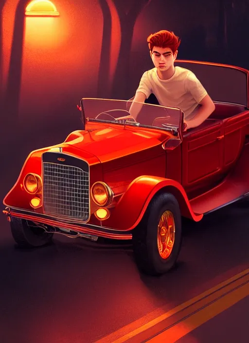 Image similar to teenage archie andrews, in a red ford model t, intricate, elegant, glowing lights, highly detailed, digital painting, artstation, sharp focus, illustration, art by wlop, mars ravelo and greg rutkowski