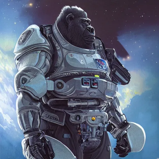 Prompt: detailed science - fiction character portrait of a silverback gorilla wearing a omnicolored armored space suit holding a space alien gun, intricate, wild, highly detailed, digital painting, artstation, concept art, smooth, sharp focus, illustration, art by artgerm and greg rutkowski and alphonse mucha