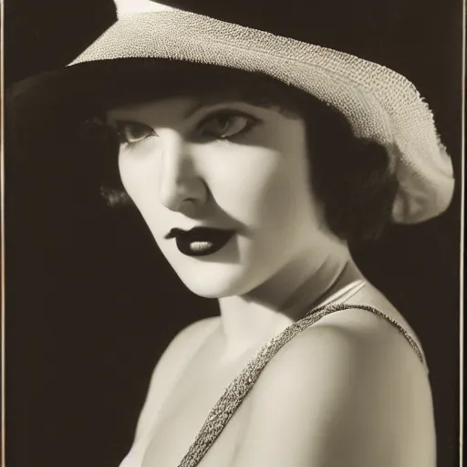 Prompt: a black and white photo of a woman wearing a hat, a character portrait by george hurrell, featured on flickr, mannerism, studio portrait, chiaroscuro, 1 9 2 0 s