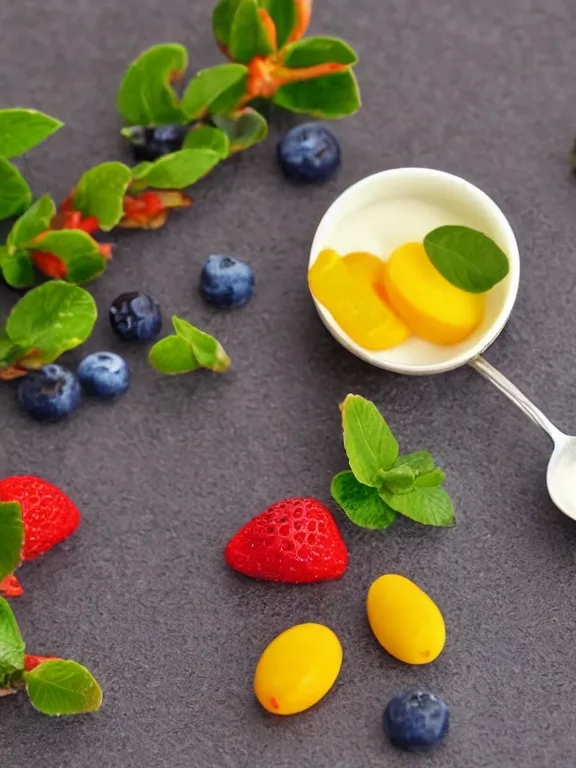 Image similar to miniature diorama of yogurt with spoon with fruits colorful