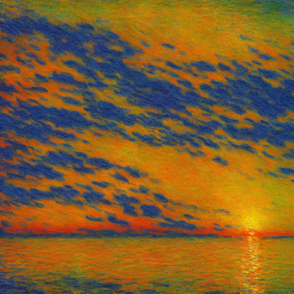 Image similar to an impasto oil painting of a stunning, colorful sunset painted by claude monet, complementary colors, golden ratio