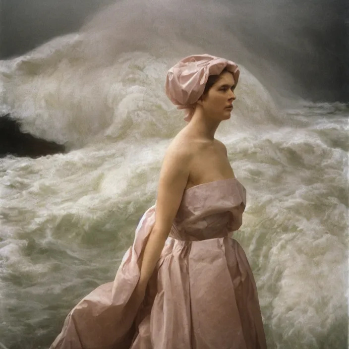 Prompt: a closeup portrait of a woman wearing wrapped in plastic, standing in front of a giant tsunami wave, color photograph, by vincent desiderio, canon eos c 3 0 0, ƒ 1. 8, 3 5 mm, 8 k, medium - format print