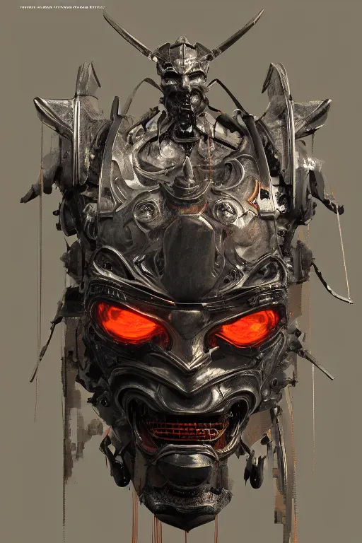 Prompt: robot - demon samurai mask, torso portrait, intricate, elegant, volumetric lighting, scenery, digital painting, highly detailed, artstation, sharp focus, illustration, concept art, luis rollo, ruan jia, steve mccurry, john berkey