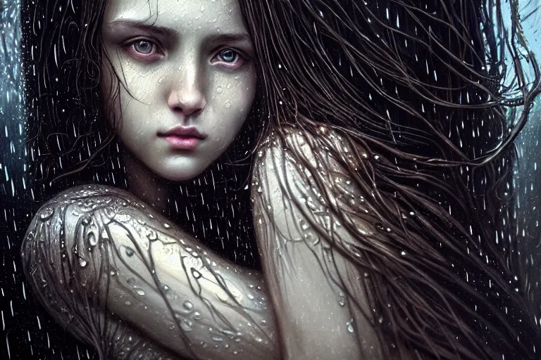 Image similar to portrait of a girl in the rain with wet hair and face, fantasy, intricate, elegant, dramatic lighting, emotionally evoking symbolic metaphor, highly detailed, lifelike, photorealistic, digital painting, artstation, concept art, smooth, sharp focus, illustration, art by John Collier and Albert Aublet and Krenz Cushart and Artem Demura and Alphonse Mucha