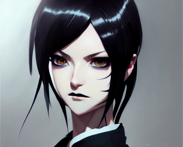 Image similar to a ultradetailed beautiful portrait panting of a stylish goth woman, wearing a shirt with a tie, dramatic, she has black hair, fashion, by makoto shinkai, greg rutkowski and hajime sorayama, trending on artstation