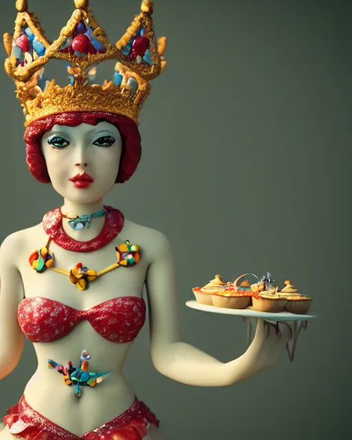 Image similar to closeup face profile portrait of a tin toy fairytale princess wearing a crown eating cakes, bikini, depth of field, zeiss lens, detailed, symmetrical, centered, fashion photoshoot by max fleischer, hyperrealistic, octane render