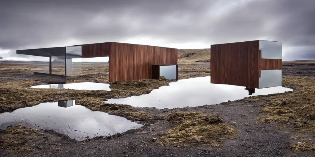 Prompt: futuristic architect house made from deconstucted ash wood and mirrors, floating, portal, iceland landscape photography, by lurie belegurschi and gunnar freyr