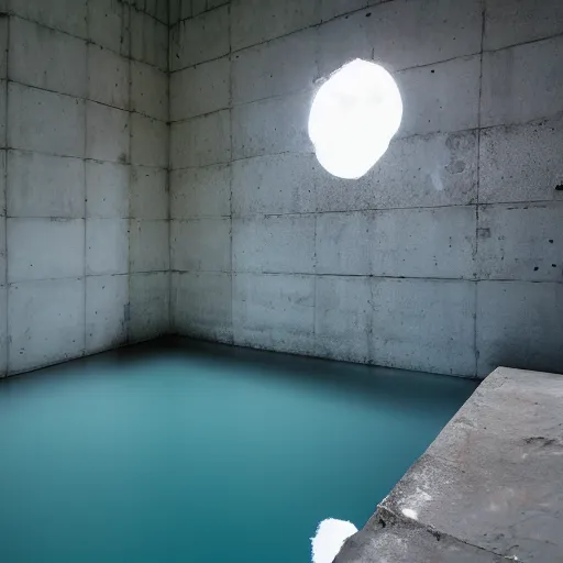 Image similar to dingy abandoned concrete room, triangular room, blue pool tiles, liminal space, museum, concrete staircase leading down, staircase flooded with water to create a moon pool, Photograph, found footage, dark, dingy.