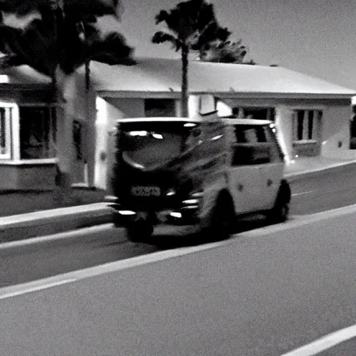 Image similar to cctv footage of a btr driving past a suburban neighbhoorhood, realistic, highly detailed, black and white, at night, taken on a security cctv camera.