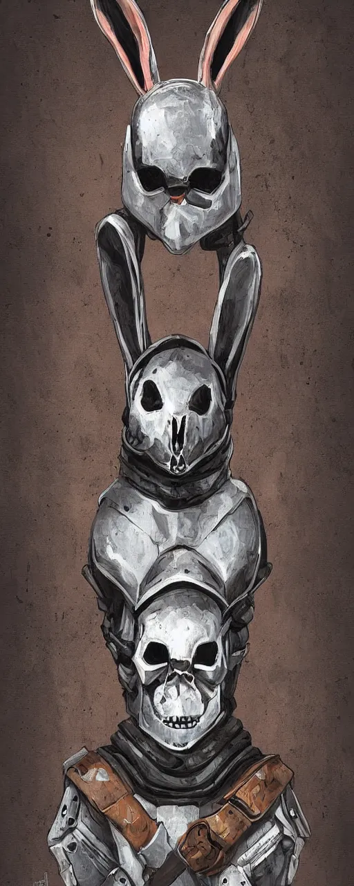 Prompt: rabbit with skull head with cyber armor in an old rusty town, digital painting