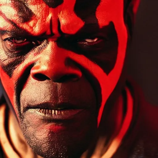 Image similar to a film still of samuel l. jackson starring in a blockbuster film as darth maul from star wars, shallow depth of field, cinematic, award winning cgi, vfx, film still