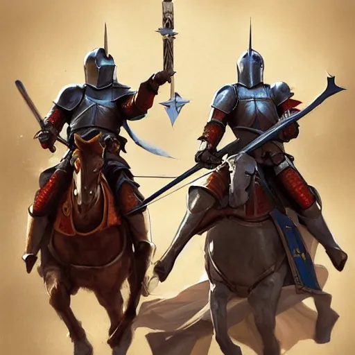 Prompt: two mounted knights tilting lances against each other in a jousting arena, art by artgerm and greg rutkowski and magali villeneuve, d & d, fantasy, highly detailed, digital painting, trending on artstation, concept art, illustration