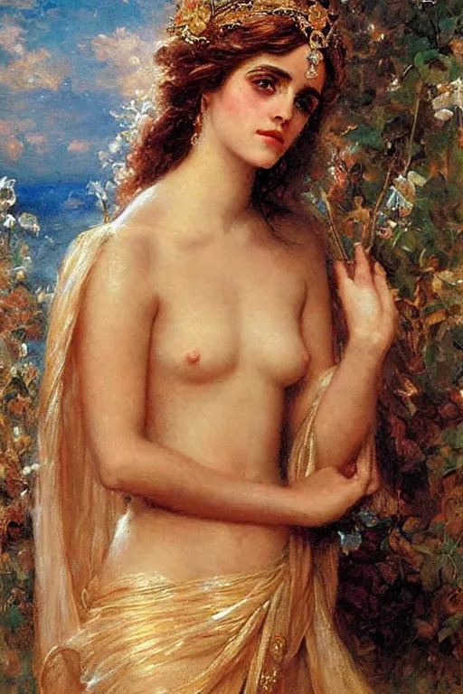 Image similar to portrait of emma watson as the goddess aphrodite. art by gaston bussiere.