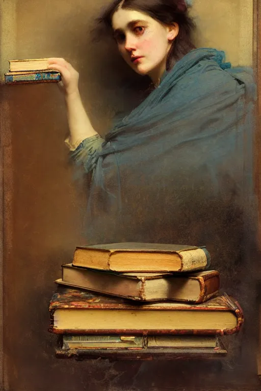 Prompt: soft colorsphotograph imax and solomon joseph solomon and richard schmid and jeremy lipking victorian loose genre loose painting full stack of books, bookish, book lover