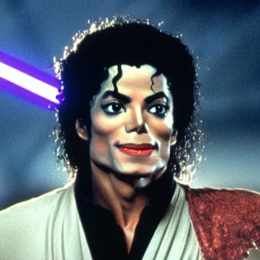 Prompt: a 80s film still of Michael Jackson as a Jedi in Star Wars, shallow depth of field, split lighting