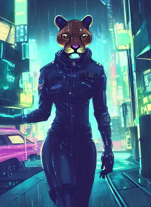 Image similar to beautiful portrait commission of a female furry anthro cougar fursona wearing a police uniform. Cyberpunk city at night in the rain. Neon light. Atmospheric. Character design by charlie bowater, ross tran, artgerm, and makoto shinkai, detailed, inked, western comic book art